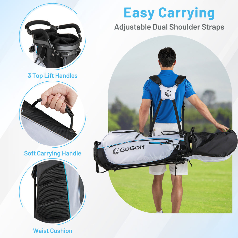 Men's complete golf clubs and bag set in white with adjustable dual shoulder straps for easy carrying and comfort.
