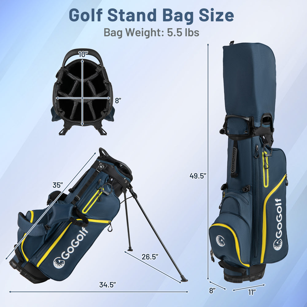 Men's golf stand bag in navy with yellow accents, featuring 5 zippered pockets and dual shoulder straps for easy.