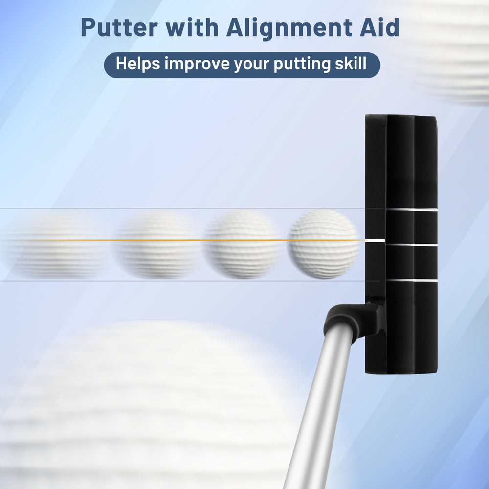 Putter with alignment aid for improved accuracy, featuring a durable steel shaft and designed for better putting skills.