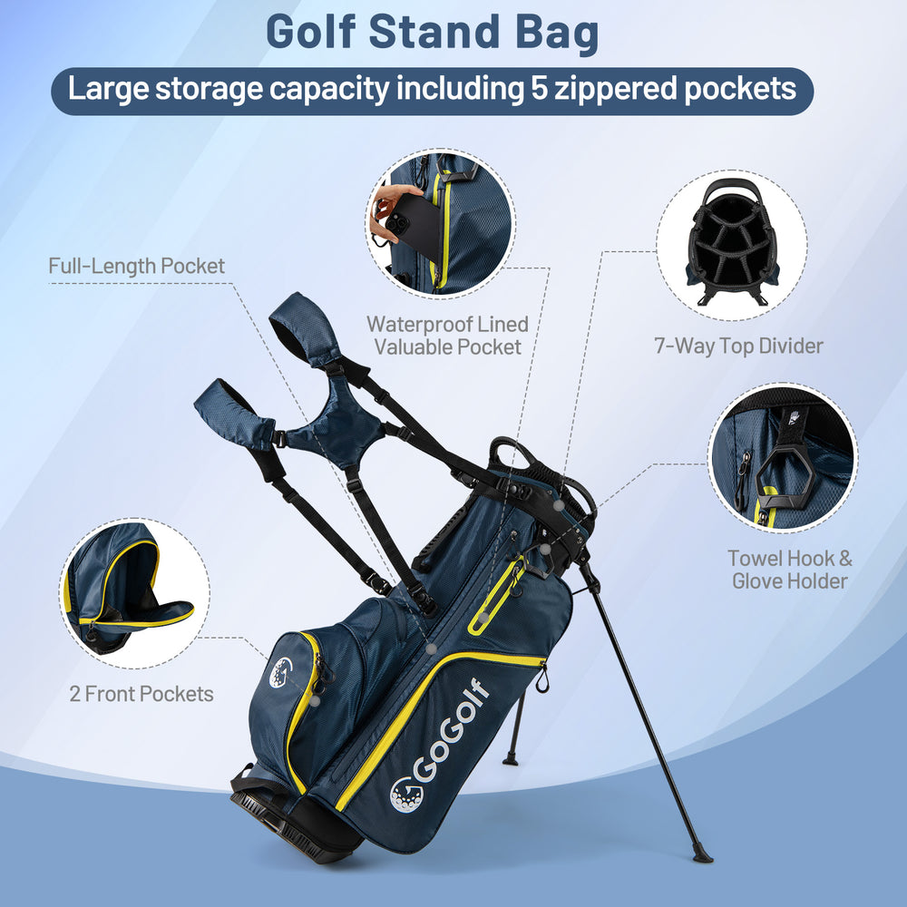 Men's golf stand bag in blue with yellow accents, featuring 5 zippered pockets and a 7-way top divider for easy.
