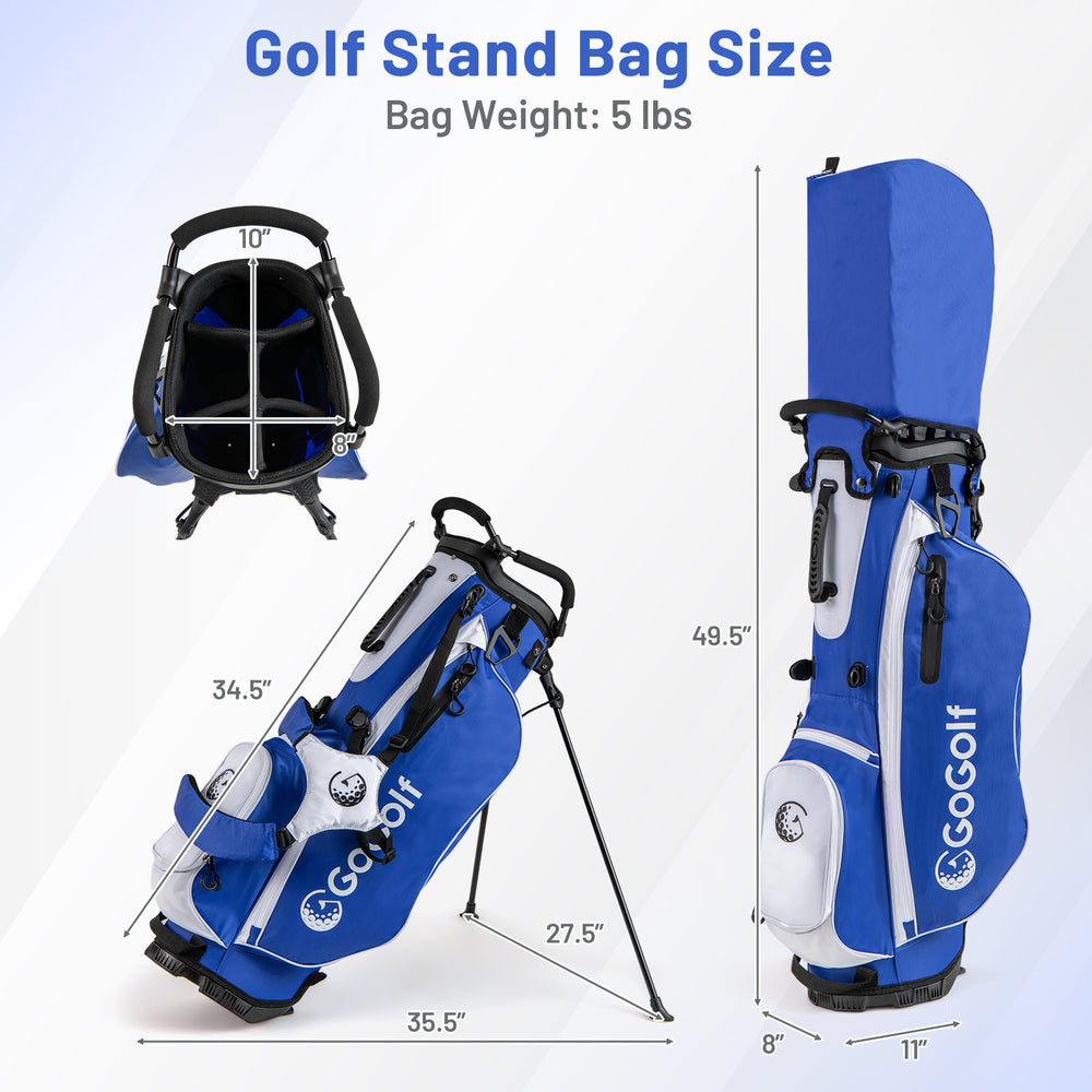 Men's blue golf stand bag with dual shoulder straps, 5 lbs weight, and multiple pockets for accessories and storage.