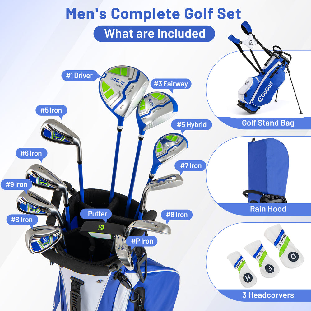 Men's complete golf clubs and bag set in blue, featuring a driver, fairway, hybrid, and putter with headcovers.