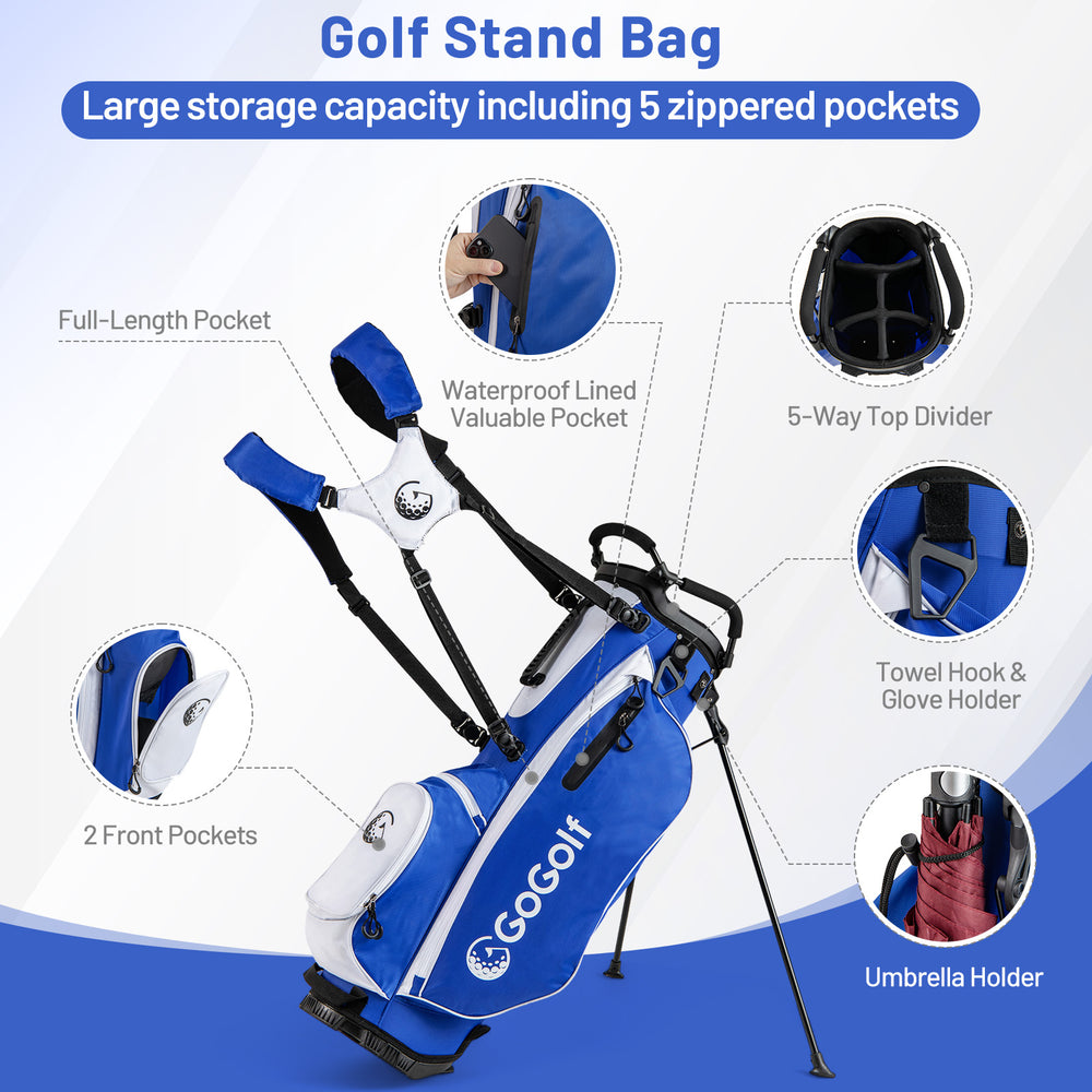 Men's golf stand bag in blue with 5 zippered pockets, dual shoulder straps, and umbrella holder for easy carrying.
