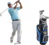Men's 9-piece complete golf club set in navy with lightweight carbon shafts and soft grips, ideal for beginners.