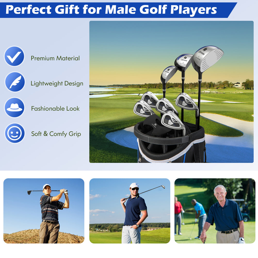 Men's 9-piece complete golf club set in navy with lightweight design and soft grips, ideal for beginner golfers.