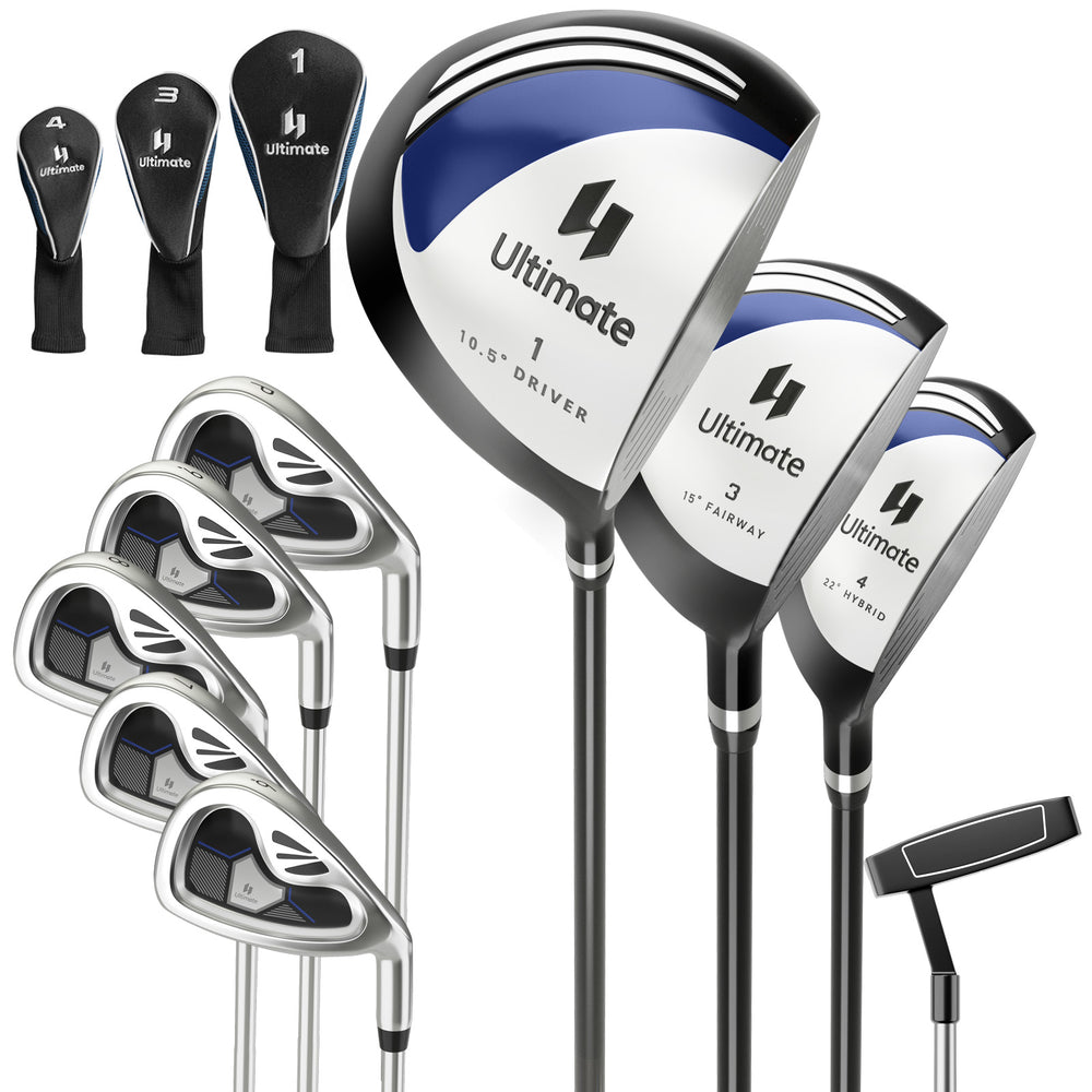 Men's 9-piece complete golf club set in navy with ultra lightweight carbon shafts and head covers for beginners.