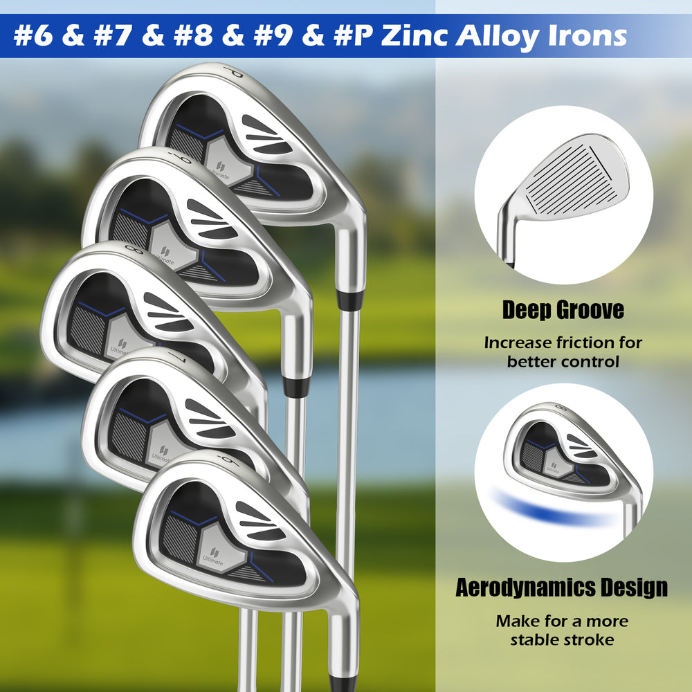 Men's golf club set featuring #6, #7, #8, #9, and #P zinc alloy irons with deep grooves for better control.