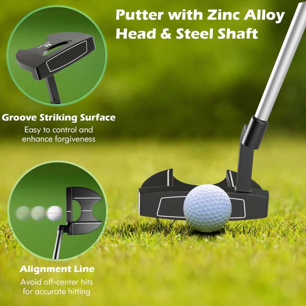 Men's golf putter with zinc alloy head and steel shaft, featuring alignment line for improved accuracy and forgiveness.