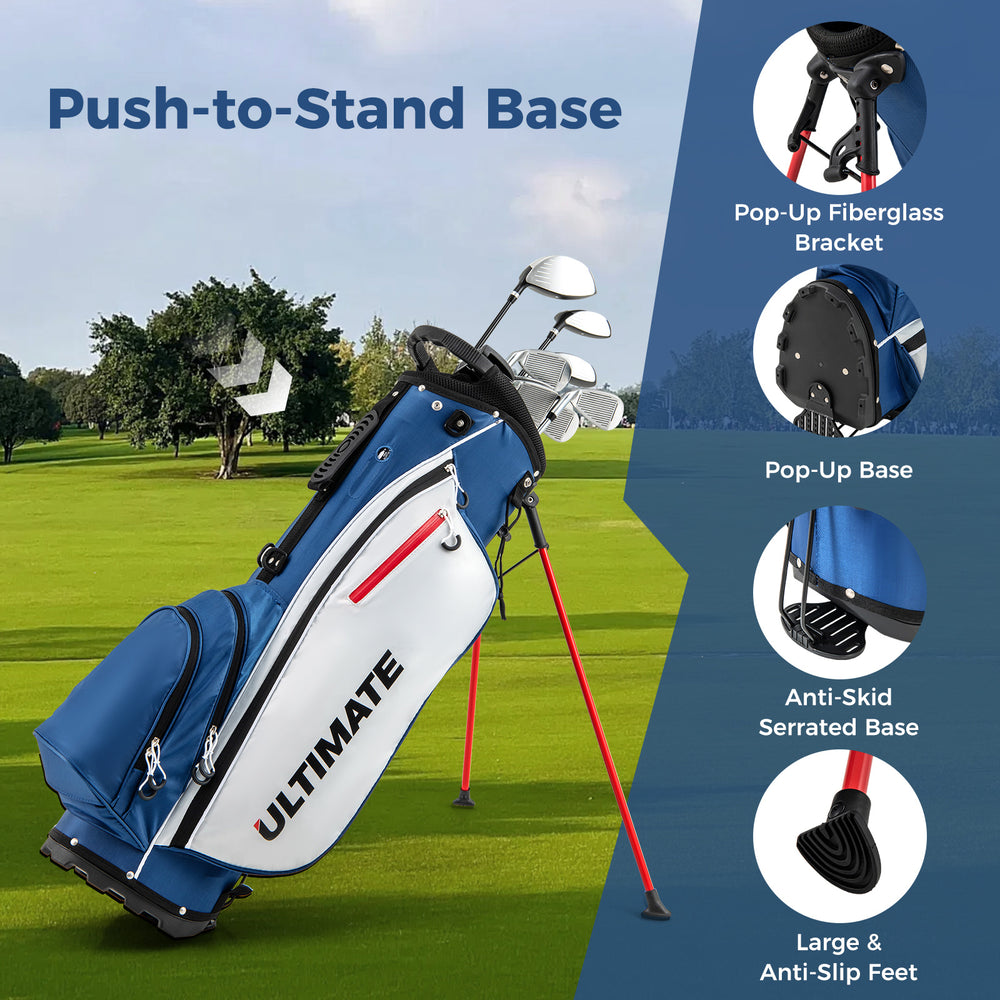 Lightweight blue golf stand bag with pop-up base, designed for left-handed users, featuring spacious storage and.