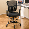 Black mesh drafting chair with adjustable armrests and foot-ring, featuring ergonomic backrest for office use.