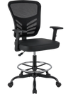 Black mesh drafting chair with adjustable armrests, foot-ring, and ergonomic backrest for office comfort.