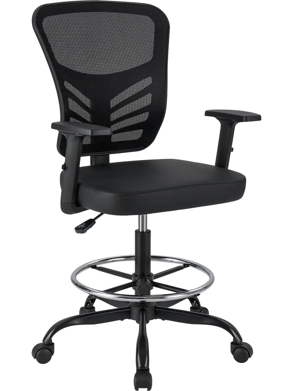 Black mesh drafting chair with adjustable armrests, foot-ring, and ergonomic backrest for office comfort.