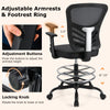Adjustable armrests and footrest ring of the black mesh drafting chair, showcasing ergonomic design features for.