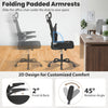 Mesh office chair with flip-up armrests, ergonomic lumbar support, and reclining backrest for customizable comfort.