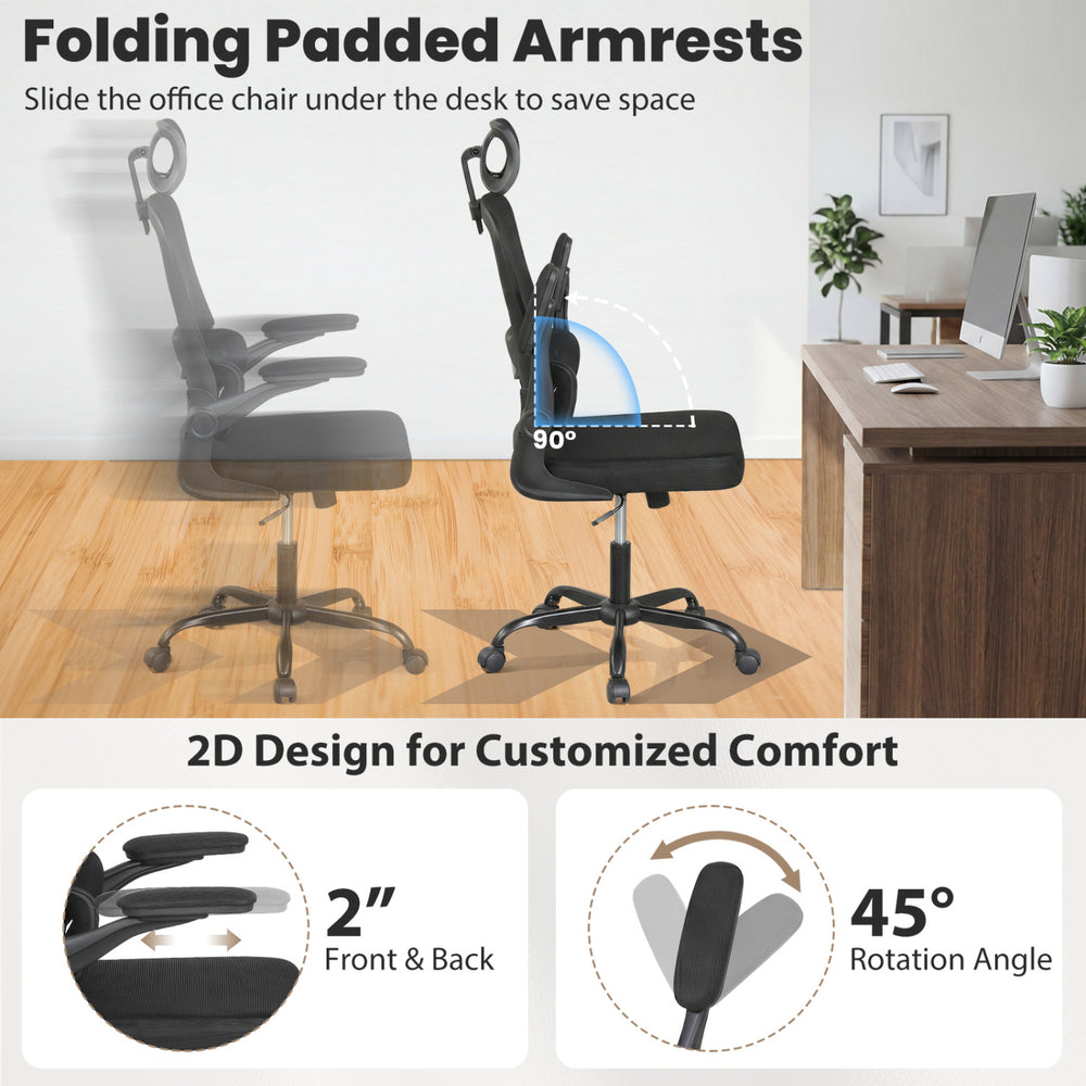 Mesh office chair with flip-up armrests, ergonomic lumbar support, and reclining backrest for customizable comfort.