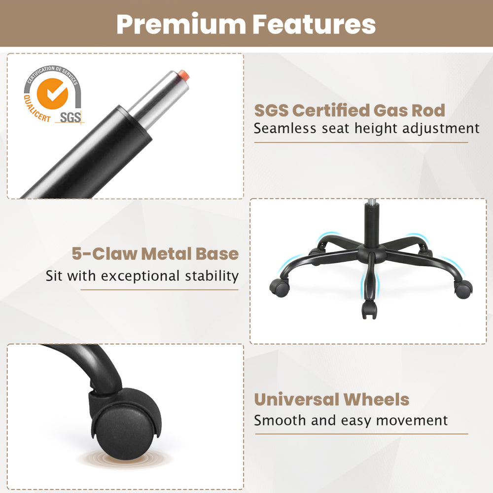 Close-up of the mesh office chair's SGS certified gas rod and 5-claw metal base for stability and height adjustment.
