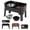 Black elevated dog bowls with adjustable height, slow feeder bowl, and licking plate shown in multiple views.
