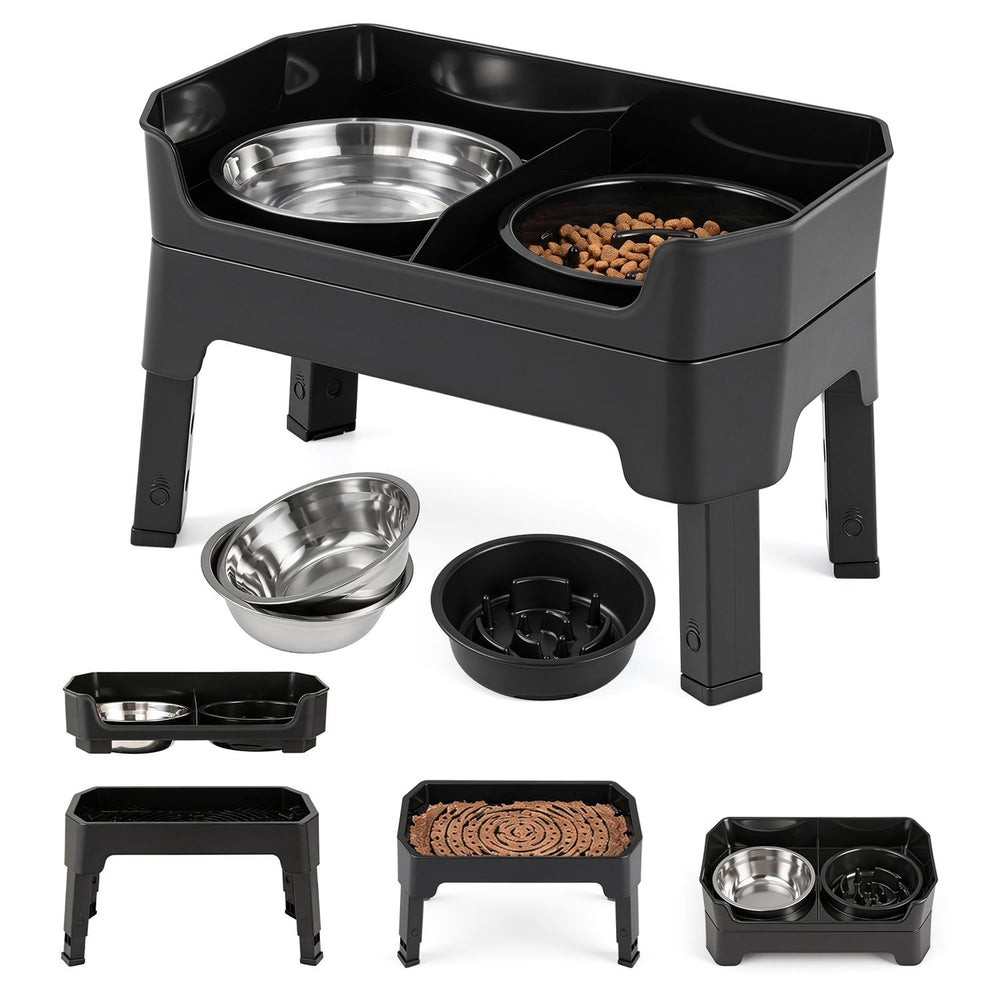 Black elevated dog bowls with adjustable height, slow feeder bowl, and licking plate shown in multiple views.