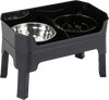 Black elevated dog bowls shown from above with a slow feeder bowl, licking plate, and adjustable-height stand.