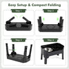Black elevated dog bowls with foldable legs shown during setup, featuring 4 adjustable heights and a licking plate.