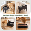 Black elevated dog bowls with adjustable heights and licking plate, shown with dogs for cleaner feeding at home.