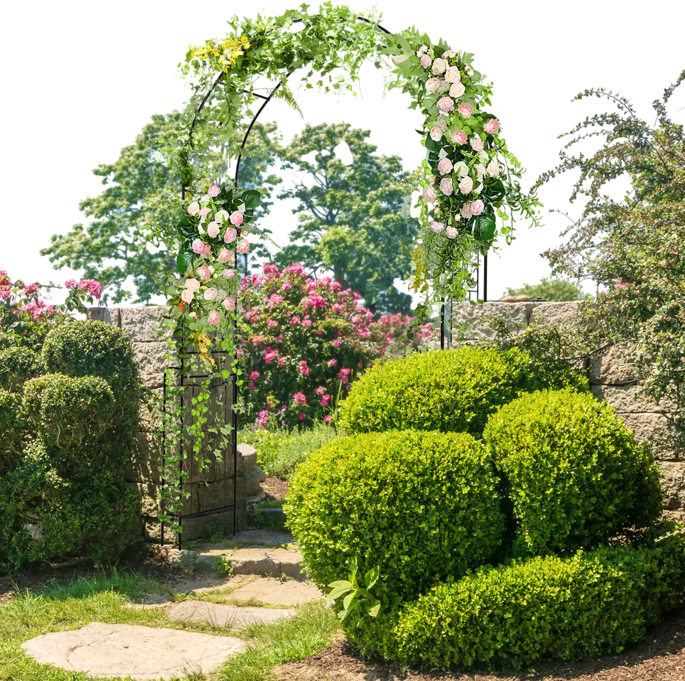 Elegant 7.9 feet black metal garden arch with flowers, ideal for climbing plants and outdoor decorations.