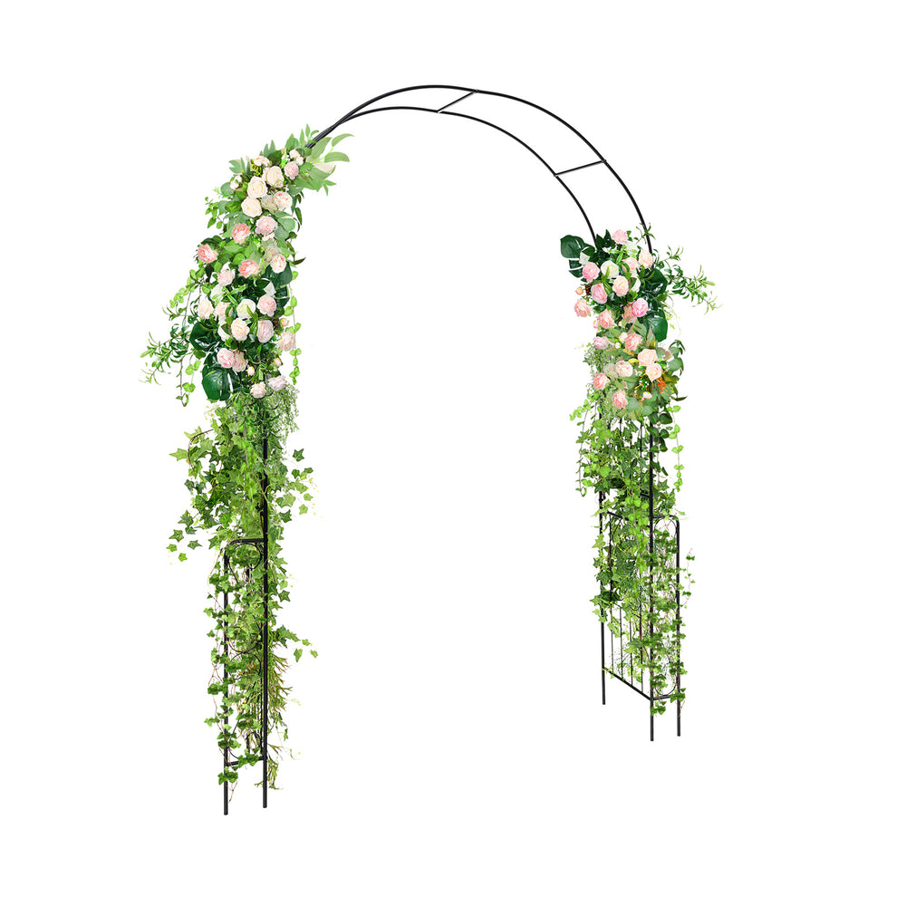 Metal garden arch backdrop stand with climbing plant trellis, 7.9 feet tall, ideal for weddings and outdoor decorations.