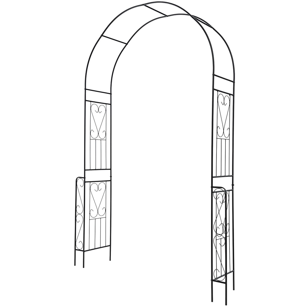 Elegant 7.9 feet black metal garden arch with trellis for climbing plants, perfect for weddings and outdoor decorations.