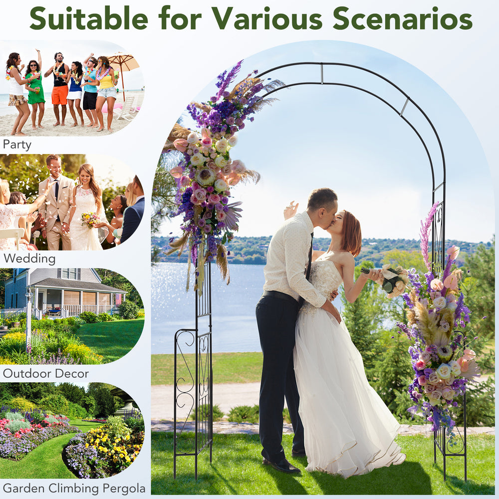 7.9 feet black metal garden arch with trellis for climbing plants, ideal for weddings and outdoor decor.