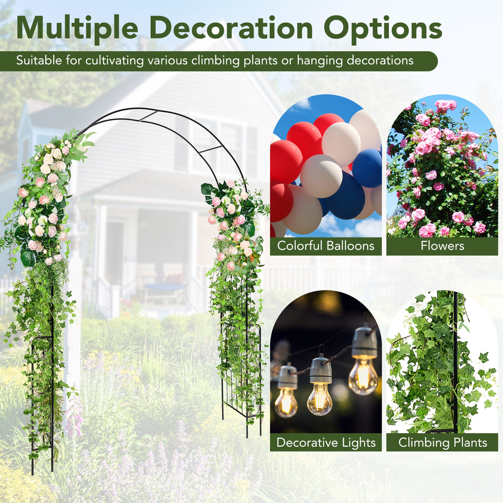 Metal garden arch backdrop stand with fence, 7.9 feet tall, ideal for climbing plants and decorative displays.