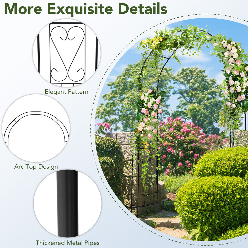 Elegant black metal garden arch with arc top design and thickened pipes, perfect for climbing plants and outdoor.