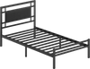 Twin size metal bed frame with upholstered headboard, featuring sturdy slats and ample under-bed storage space.