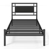 Twin size metal bed frame with upholstered headboard, sturdy slats, and ample under-bed storage for easy cleaning.