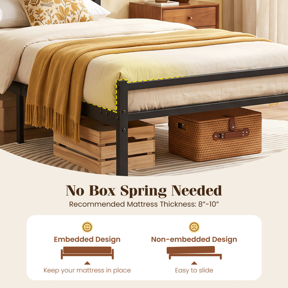 Twin size metal bed frame with upholstered headboard, featuring embedded design for mattress stability and ample under-bed storage.