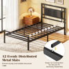 Twin size metal bed frame with upholstered headboard features 12 metal slats for stability and stylish hollow grid design.