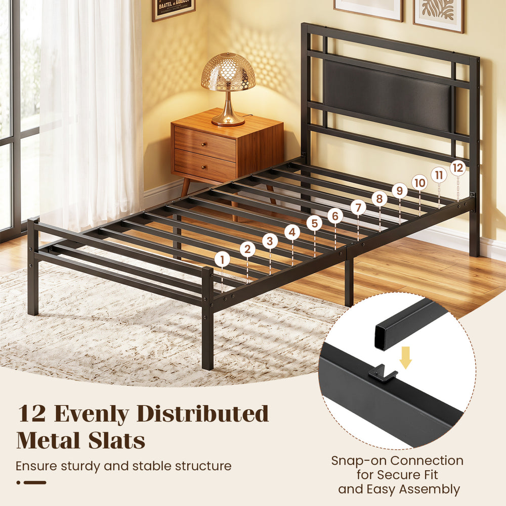 Twin size metal bed frame with upholstered headboard features 12 metal slats for stability and stylish hollow grid design.