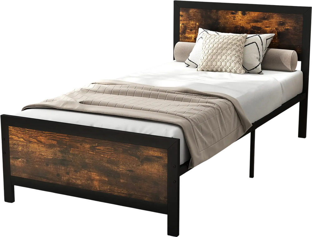 Twin size metal bed frame with rustic wood grain headboard, sturdy support legs, and 11" under-bed storage space.