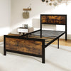 Twin size metal bed frame with rustic wood grain headboard and footboard, featuring sturdy slats and 11" under-bed.