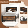 Twin size metal bed frame with rustic wood grain, sturdy support legs, and anti-slip foot pads for a stable sleep.