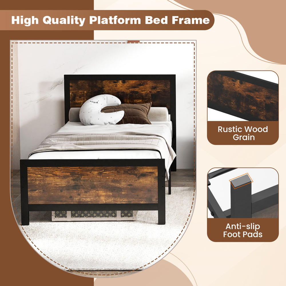 Twin size metal bed frame with rustic wood grain, sturdy support legs, and anti-slip foot pads for a stable sleep.