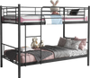 Black metal bunk bed with ladder and guardrails, designed for stability and space-saving in children's rooms.