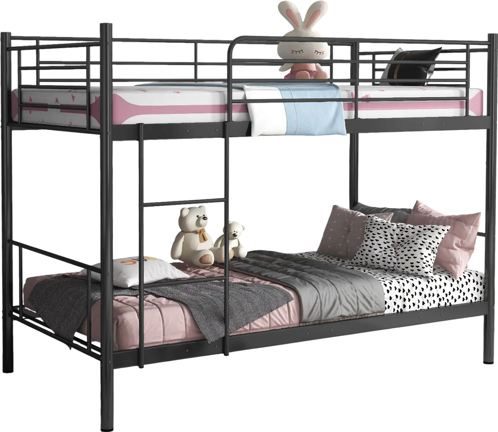 Black metal bunk bed with ladder and guardrails, designed for stability and space-saving in children's rooms.
