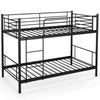 Metal bunk bed in black with ladder and full-length guardrails, designed for stability and space-saving storage.