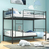Black metal bunk bed with integrated ladder and safety guardrails, designed for durability and modern space-saving in.