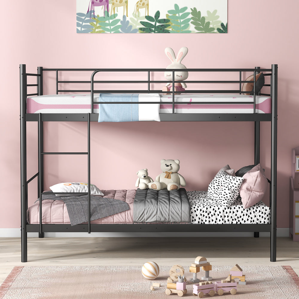 Metal bunk bed in black with ladder and guardrails, designed for space-saving and stability, ideal for kids' rooms.