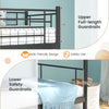 Upper and lower safety guardrails of the black metal bunk bed, designed for stability and child safety in shared spaces.