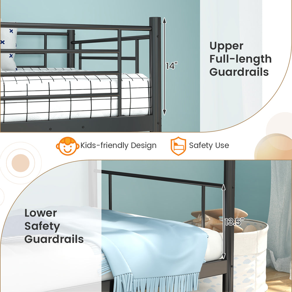 Upper and lower safety guardrails of the black metal bunk bed, designed for stability and child safety in shared spaces.