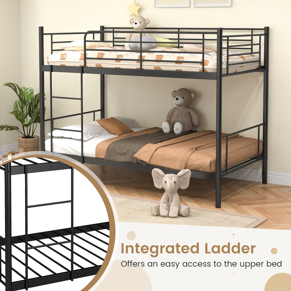 Metal bunk bed in black with integrated ladder and full-length guardrails, ideal for space-saving in youth hotels or.