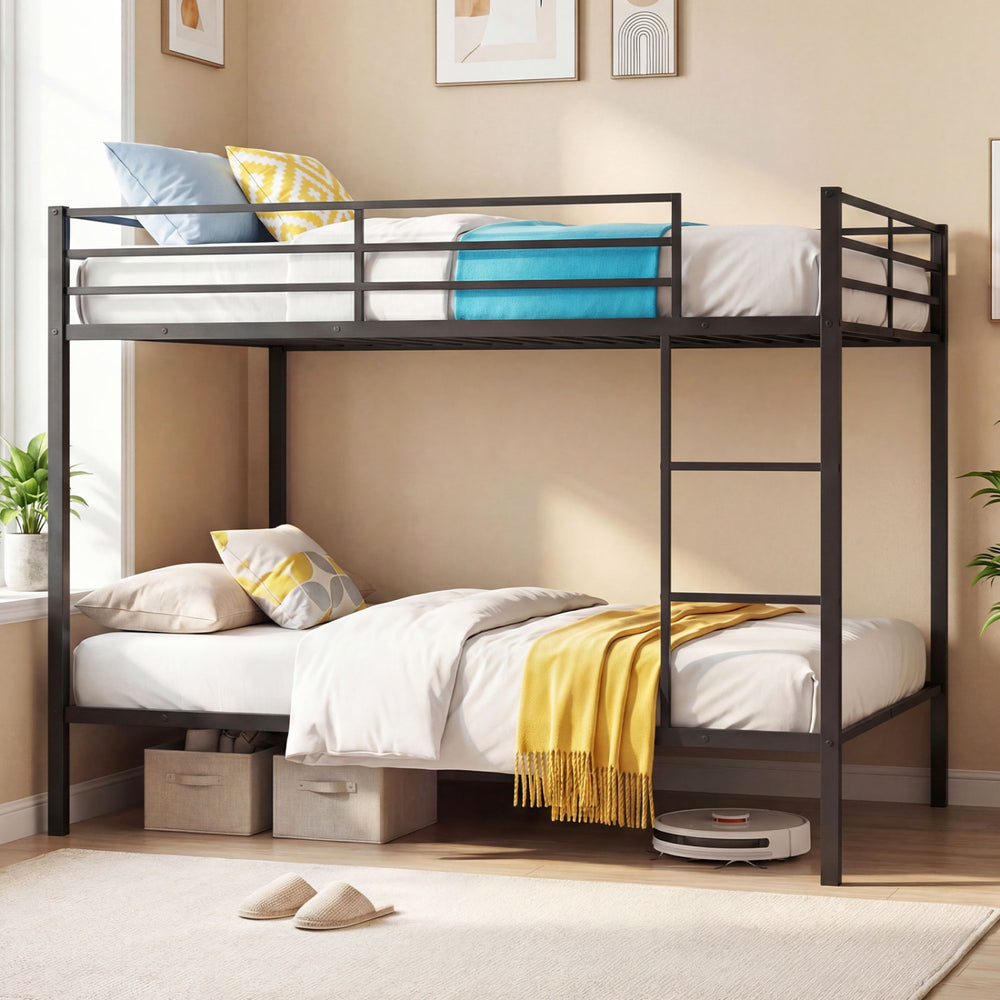 Full-over-full metal bunk bed in black with safety guardrail and built-in ladder, ideal for space-saving and storage.