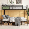 Black metal bunk bed featuring a sturdy two-step ladder and reinforced frame, perfect for maximizing space in bedrooms.